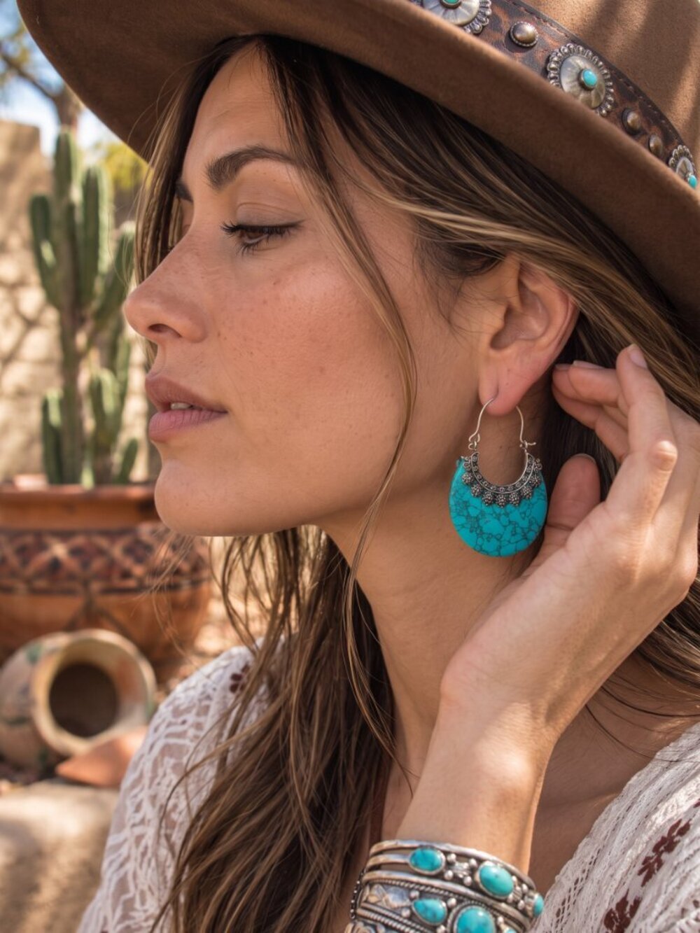 Turquoise Stone Crescent Hoop Earrings 925 Silver Plated Southwestern Artisan 2" - Picture 6 of 16